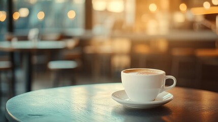 A warm cup of coffee sits on a table in a cafe, bathed in the soft glow of the afternoon sun. The blurred background suggests a busy but relaxing atmosphere.