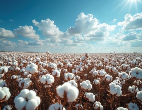 Vast cotton field under blue sky with clouds. White fluffy cotton bolls ready for harvest. Agriculture, rural landscape, farming, textile industry, nature, eco-friendly.