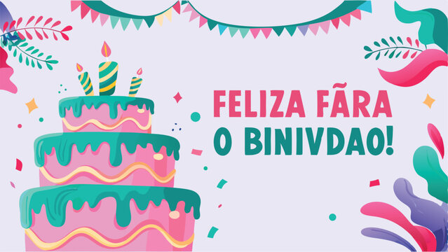 Illustration of a three tier birthday cake with candles and festive decorations saying happy birthday