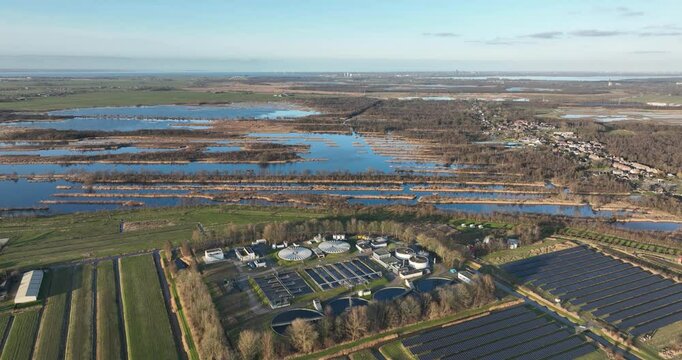 cleaning of water on industrial scale, waste water treatment plant. Purifying water. Aerial view. The Netherlands.