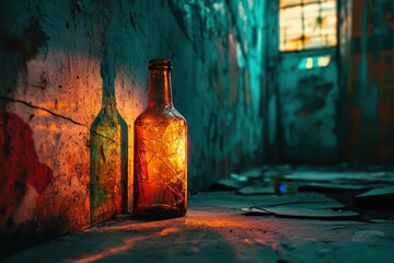 Illuminated antique bottle in a decaying dimly lit alleyway.