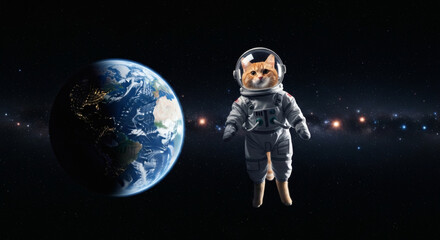 Naklejka premium Cat Astronaut Exploring the Universe Above Earth, Digital Art, Cosmic Environment, Playful Concept