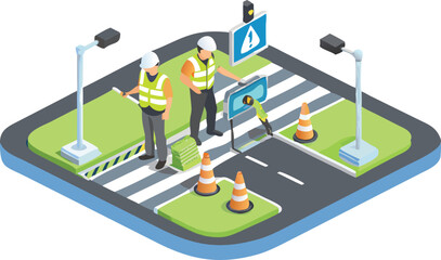 Isometric view of road workers painting a crosswalk with safety cones and street lights present near by