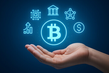 Hand showing virtual Bitcoin with financial icons, symbolizing digital currency and investment
