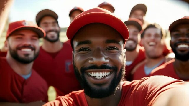 A group of smiling men in red baseball uniforms, posing together outdoors in a friendly and cheerful atmosphere.