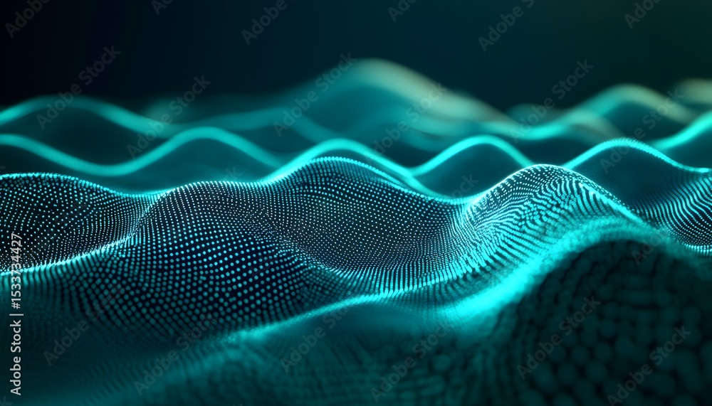 Poster abstract digital wave pattern in teal and dark tones.