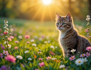 Obraz premium Sun-Kissed Cat in Spring Meadow