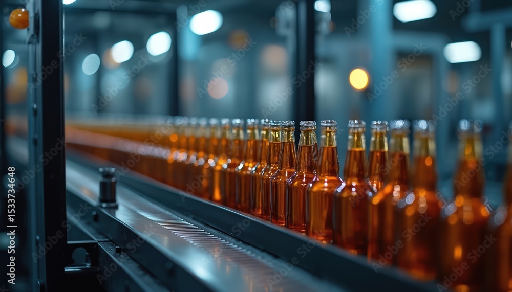 Poster automated production line beer bottles. advanced factory automation process with quality control. in