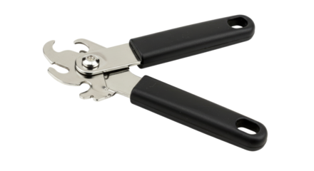 Open can opener with black handles and shiny metal cutting mechanism.