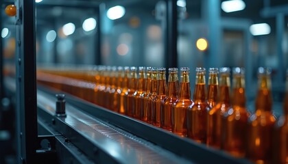 Automated production line beer bottles. Advanced factory automation process with quality control. Industrial manufacturing with modern tech. Process, workflow, smart factory.