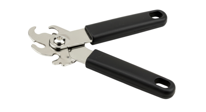 Open can opener with black handles and shiny metal cutting mechanism.