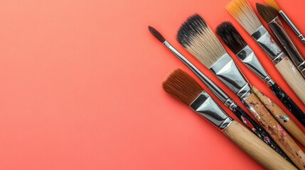 A collection of paintbrushes of varying sizes and bristle types rests on a coral background.  The paint-splattered handles add a touch of artistic flair.