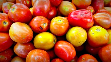 piles of red and green tomatoes displayed for sale at market