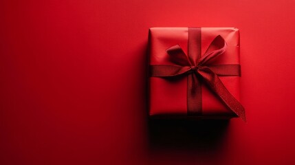 A single red gift box with a dark red ribbon sits on a red background. The perfect image for celebrating special occasions.