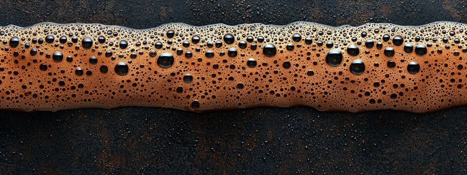 Amber liquid, foamy bubbles on dark surface