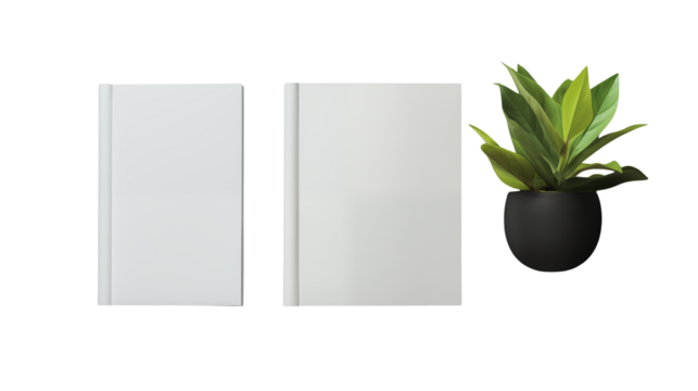 Blank Book Mockup with Potted Plant for Design Presentation Isolated on transparent background