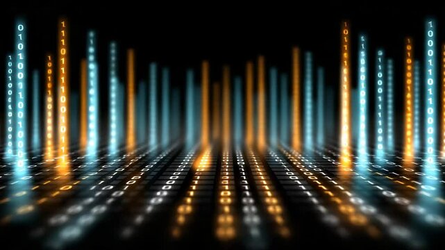 Glowing Blue and Orange Digital Landscape with Binary Code and Lines