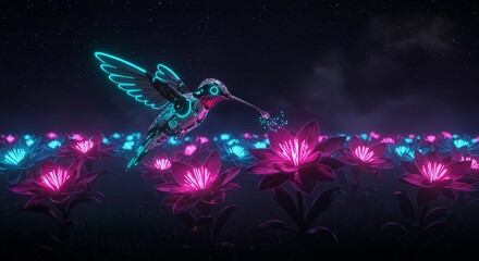 A futuristic robotic hummingbird hovers over a field of neon pink and blue flowers under a starry night sky.  The scene is vibrant and surreal.