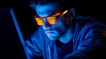 Young man wearing glasses with binary code reflection intensely focused on his computer screen in a dark room.  The blue and orange light creates a dramatic, futuristic mood.