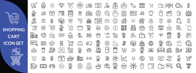 Shopping cart icon set. E-commerce and Shopping line editable icon set. Contains icons related to mobile shop, shopping cart, testimonials, shipping and delivery, fashion and more. Editable stroke