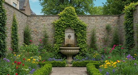 A serene courtyard garden features a stone fountain nestled within lush greenery and colorful flowers. The tranquil atmosphere is enhanced by the brick walls and climbing vines.