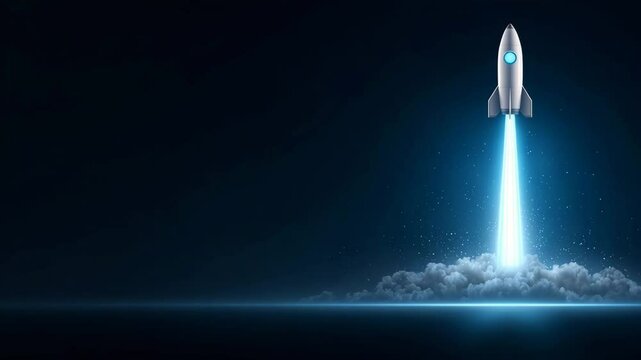 Rocket Launching into Space with Bright Blue Flame and Trail in Night Sky