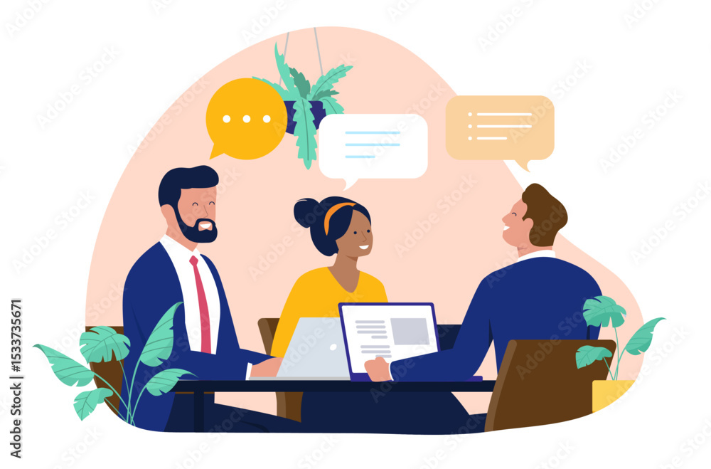 Poster diverse business people professionals in a meeting, engaging in discussion and collaboration around 