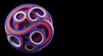 Abstract 3D render of a sphere composed of swirling, interconnected red, blue, and white stripes against a black background.  The image evokes a sense of motion and complexity.