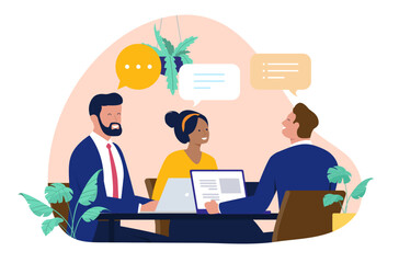 Diverse business people professionals in a meeting, engaging in discussion and collaboration around a table with speech bubbles, signifying communication and teamwork. Flat design vector illustration