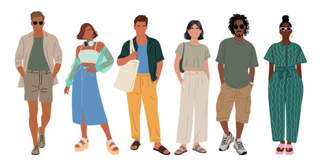 Diverse men and women in summer street fashion outfits. Casual trendy clothing styles, standing full length, Vector set isolated on transparent background. Perfect for fashion and lifestyle designs © Creative_Juice_Art