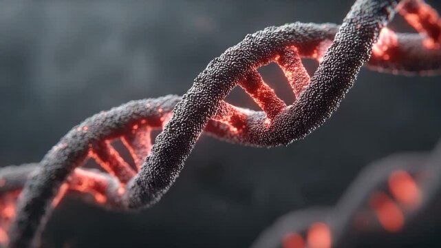 Close Up of Glowing DNA Strand with Dark Background and Red Highlights for Genetic Research