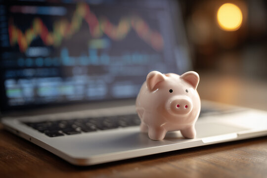 A symbolic clay piggy bank toy placed on a modern laptop keyboard or wooden table, with a digital screen in the background showing stock market graphs, financial charts, or candlestick trends. 