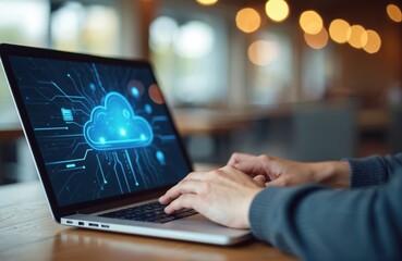 Man working laptop with cloud tech. Connecting to cyberspace from home office, remote access. Digital connection, online data storage, information, modern tech, freelance job,. Cloud computing