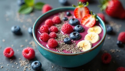 Mouthwatering healthy smoothie bowl with berries and seeds. Breakfast meal idea, detox, green morning food. Homemade wellness. Raspberries, blueberries, banana slices, chia seeds.