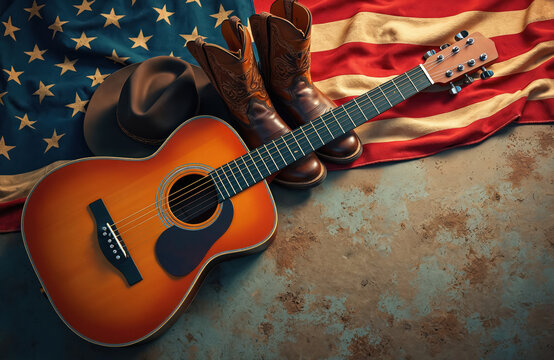 Acoustic guitar rests next to cowboy boots against US flag. Embodiment Americana, country music spirit at festival. Symbol of music, freedom, traditional style. Ideal background for country music