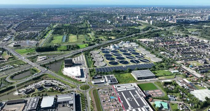 cleaning of water on industrial scale, waste water treatment plant. Purifying water. Aerial view. The Netherlands.