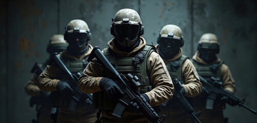 Group armed soldiers in combat gear with weapons. Special forces in tactical operation training, military team in action. ESports concept, virtual online shooting game. Modern warfare soldiers.