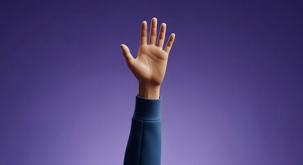 Hand Raising in Greeting or Request Against Purple Background