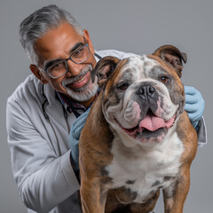 A 50-year-old South Asian veterinarian in gloves gently removes a tick from a calm bulldog, smiling warmly to convey trust and expertise in pet healthcare for clinics and promotional use.