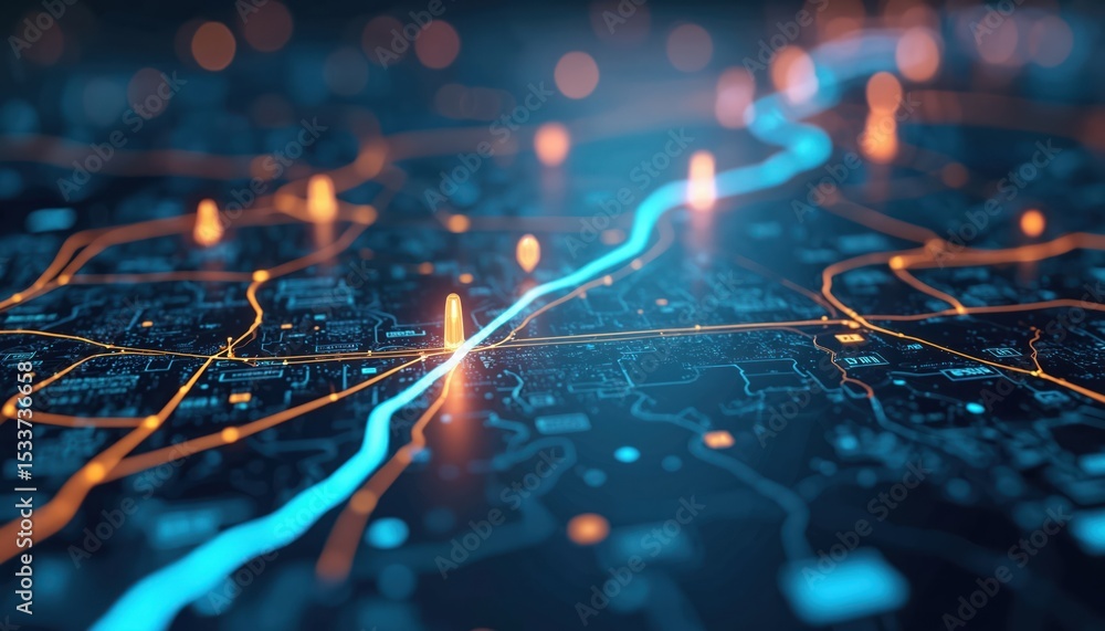 Poster digital illustration delivery route optimization concept. visualization features interconnected data
