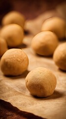Fototapeta premium Unbaked whole-wheat dough balls on parchment paper
