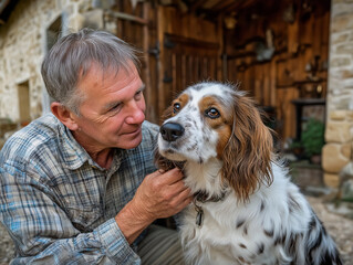 A 60-year-old Australian veterinarian in a plaid shirt tenderly examines a spaniel