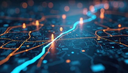 Digital illustration delivery route optimization concept. Visualization features interconnected data streams representing logistics, faster efficient shipment process, tracking, management, platform,