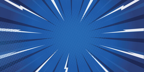 Dynamic blue comic book background with halftone dots and radial speed lines. Perfect for pop art themes, superhero posters, or action design elements © Hoerul