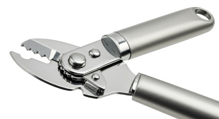 Shiny Silver Can Opener with Serrated Blade and Ergonomic Handles.