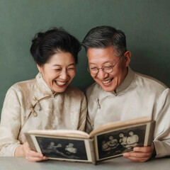 An East Asian couple in their 60s, dressed in traditional silk attire, laugh as they point to a family portrait in an album, exuding cultural warmth for storytelling or advertising purposes.