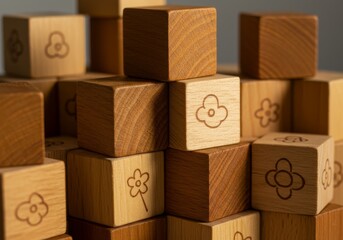 Close up shot of a stack of wooden blocks with flower designs on a neutral colored background
