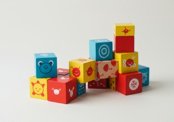 Colorful wooden toy blocks stacked on a white surface with various animal and geometric designs printed on them