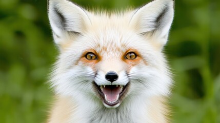 Fototapeta premium Smiling Fox Portrait: A striking portrait of a golden fox, captured up close, displaying its playful demeanor with a charming smile. 