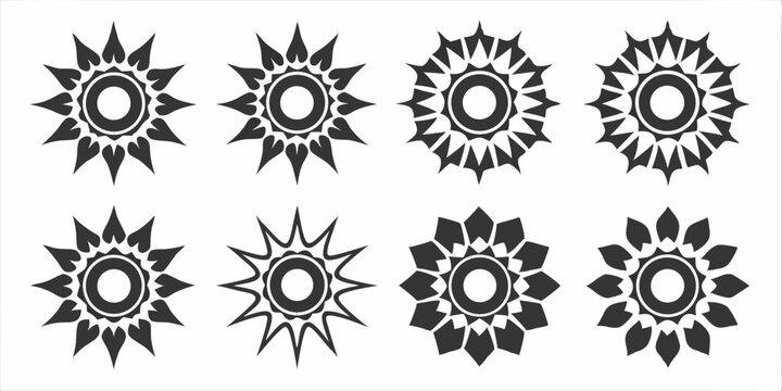 Collection of eight floral starburst designs with unique petal shapes and circular center patterns